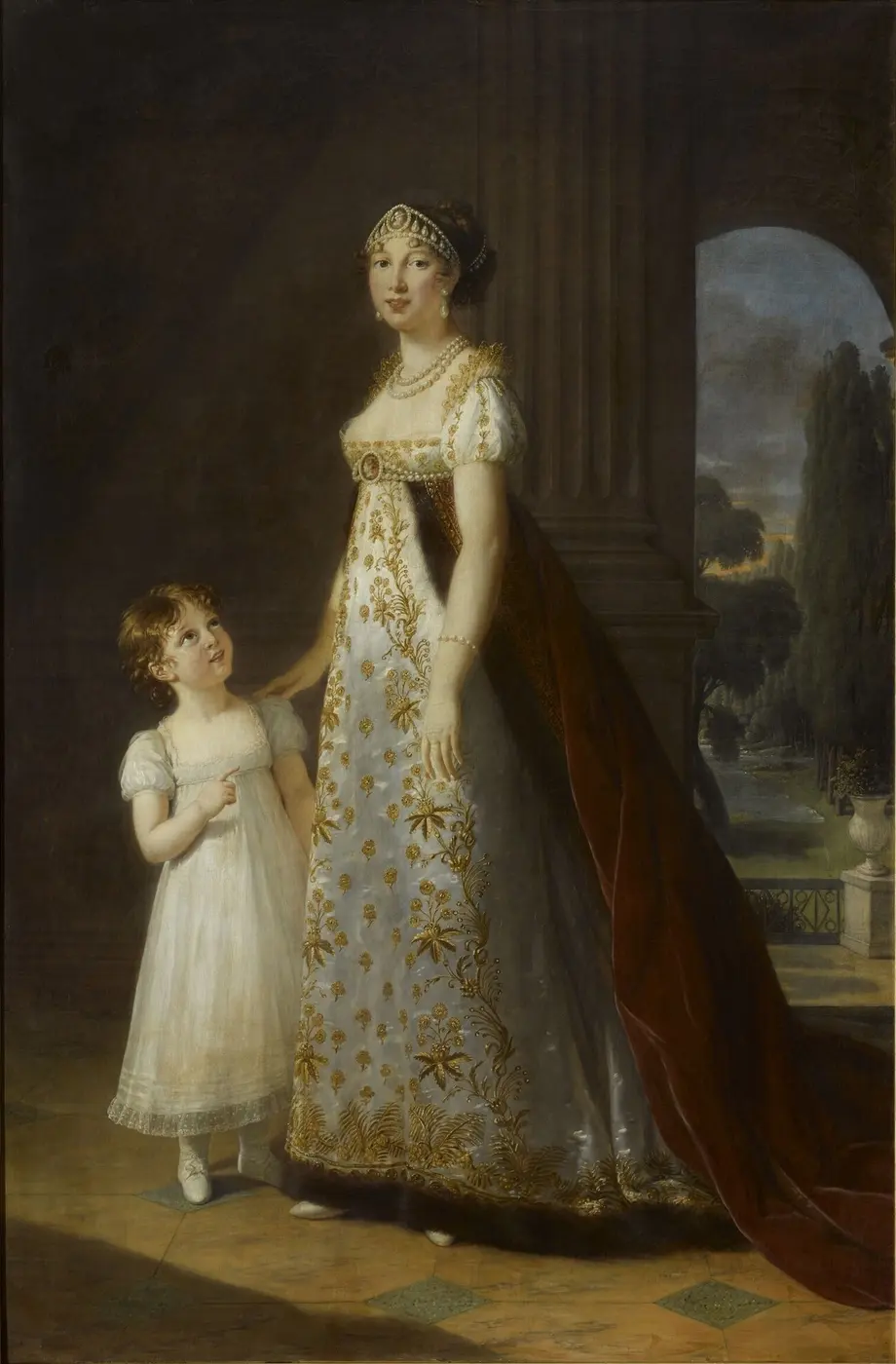 Portrait of a woman in a white gown embroidered with gold, standing beside her young daughter