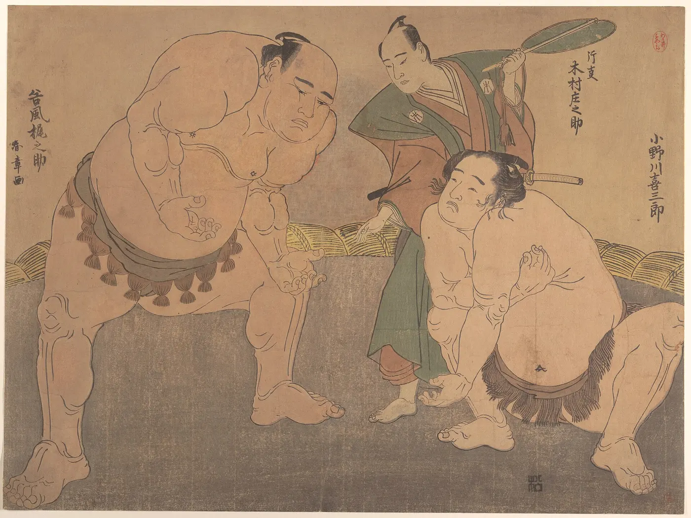 A woodblock print of two sumo wrestlers crouching face to face in the ring, with a referee raising his fan between them