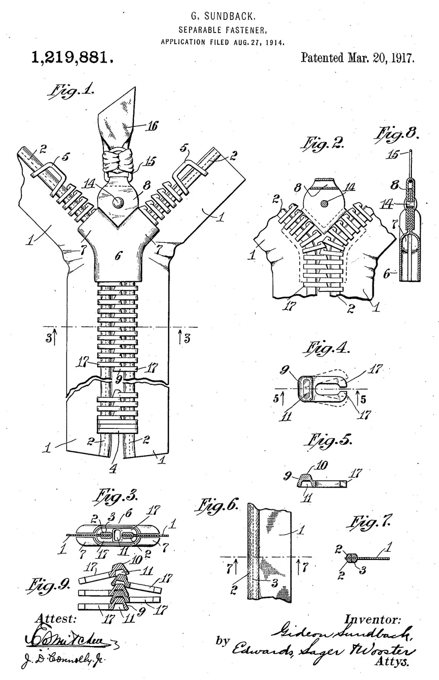 Patent drawing with several figures showing the structure of a zipper